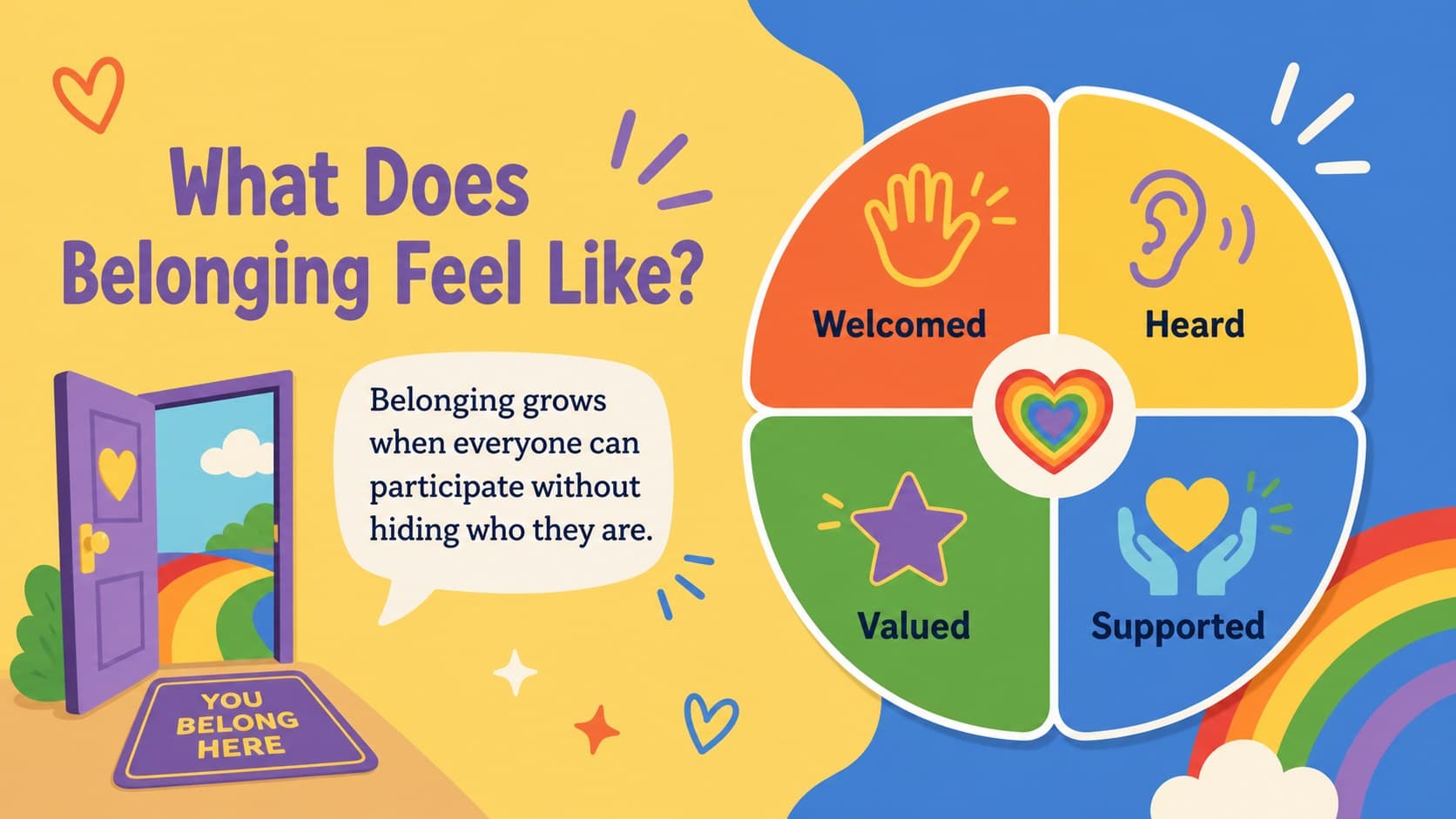 Inclusive classroom presentation slide defining belonging through being welcomed, heard, valued, and supported.