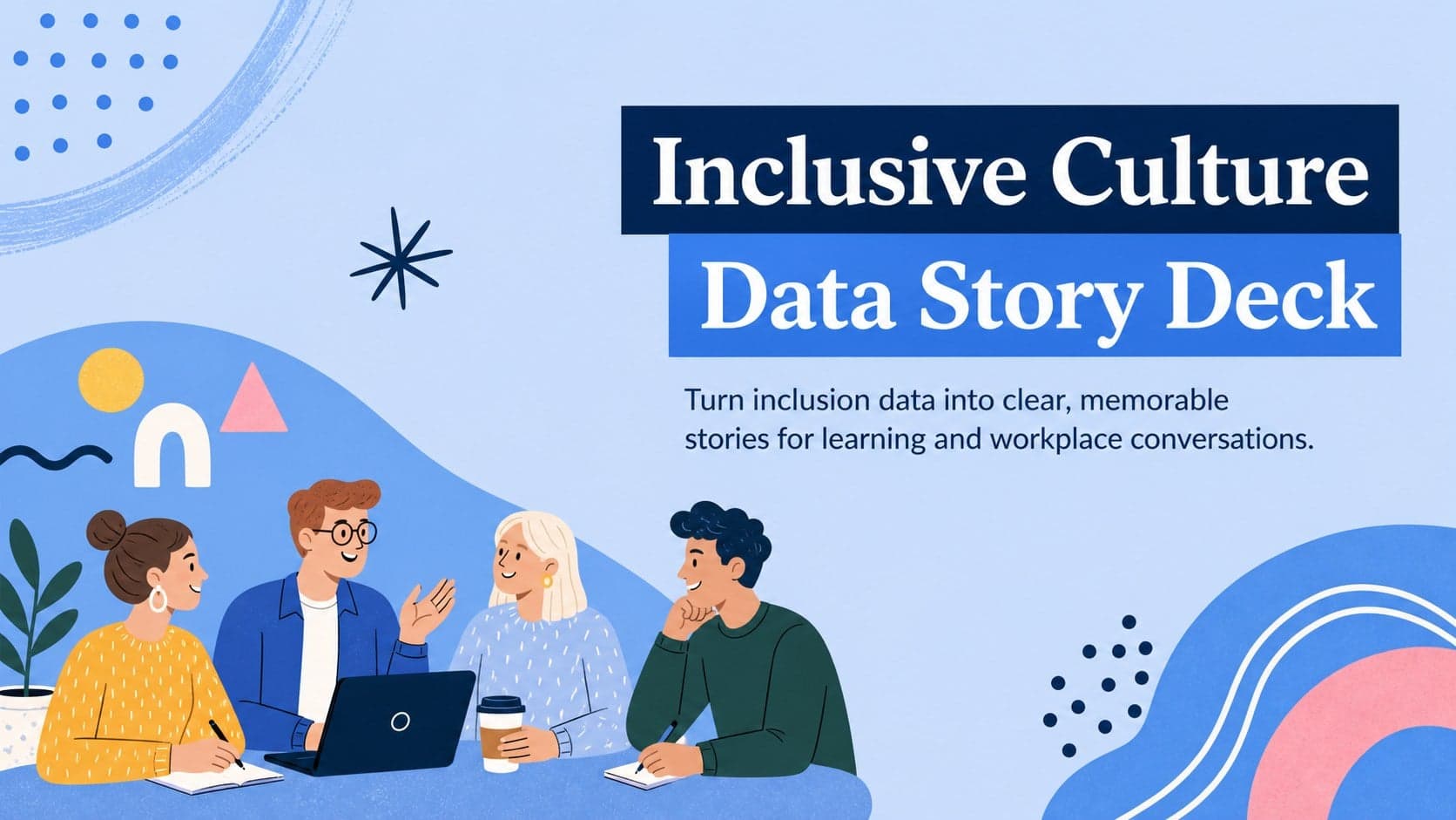 Blue illustrated cover slide for an inclusive culture infographic deck featuring abstract people and data symbols.