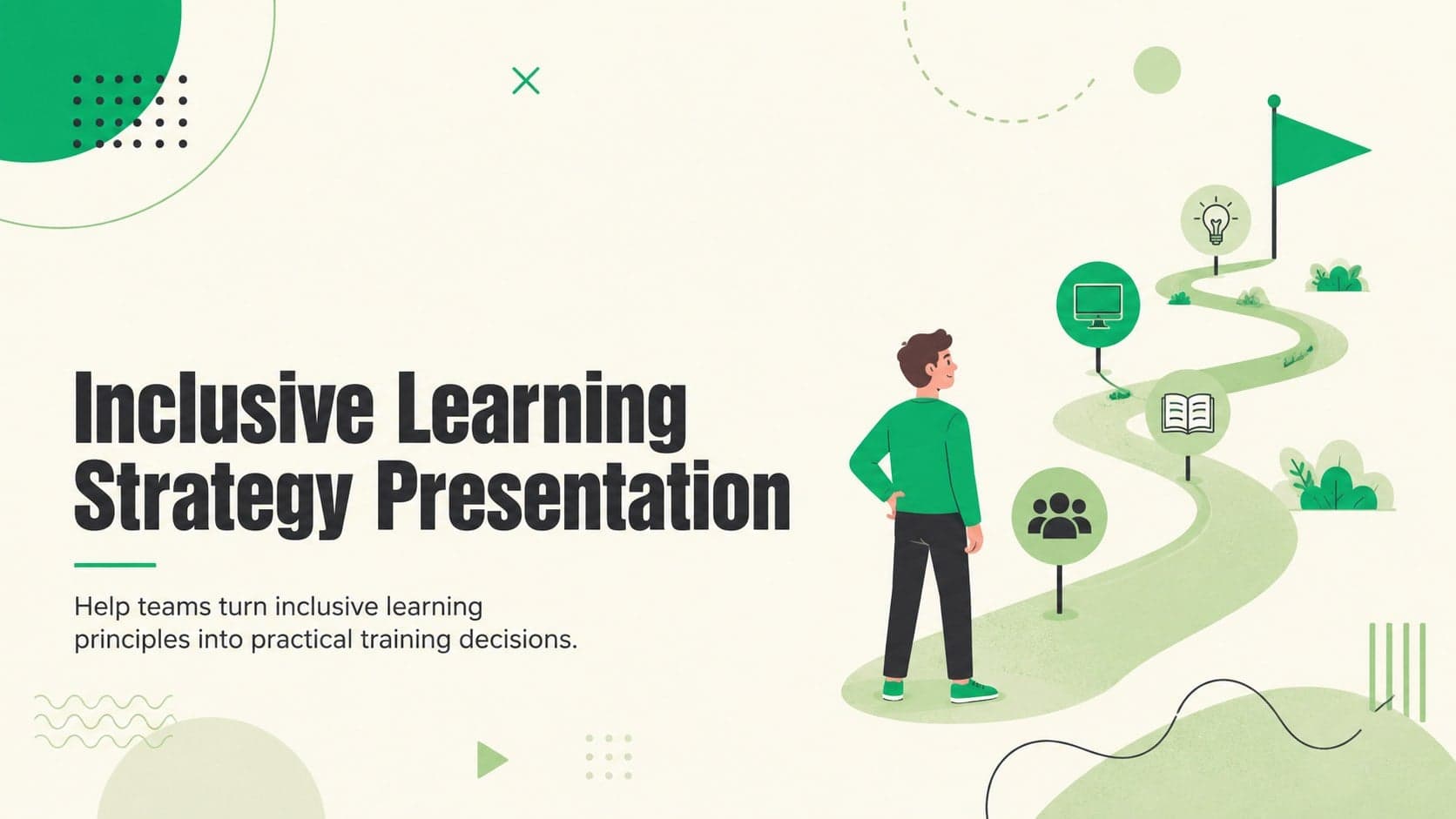 Cover of an inclusive learning strategy presentation with green educational illustrations on a warm beige background.