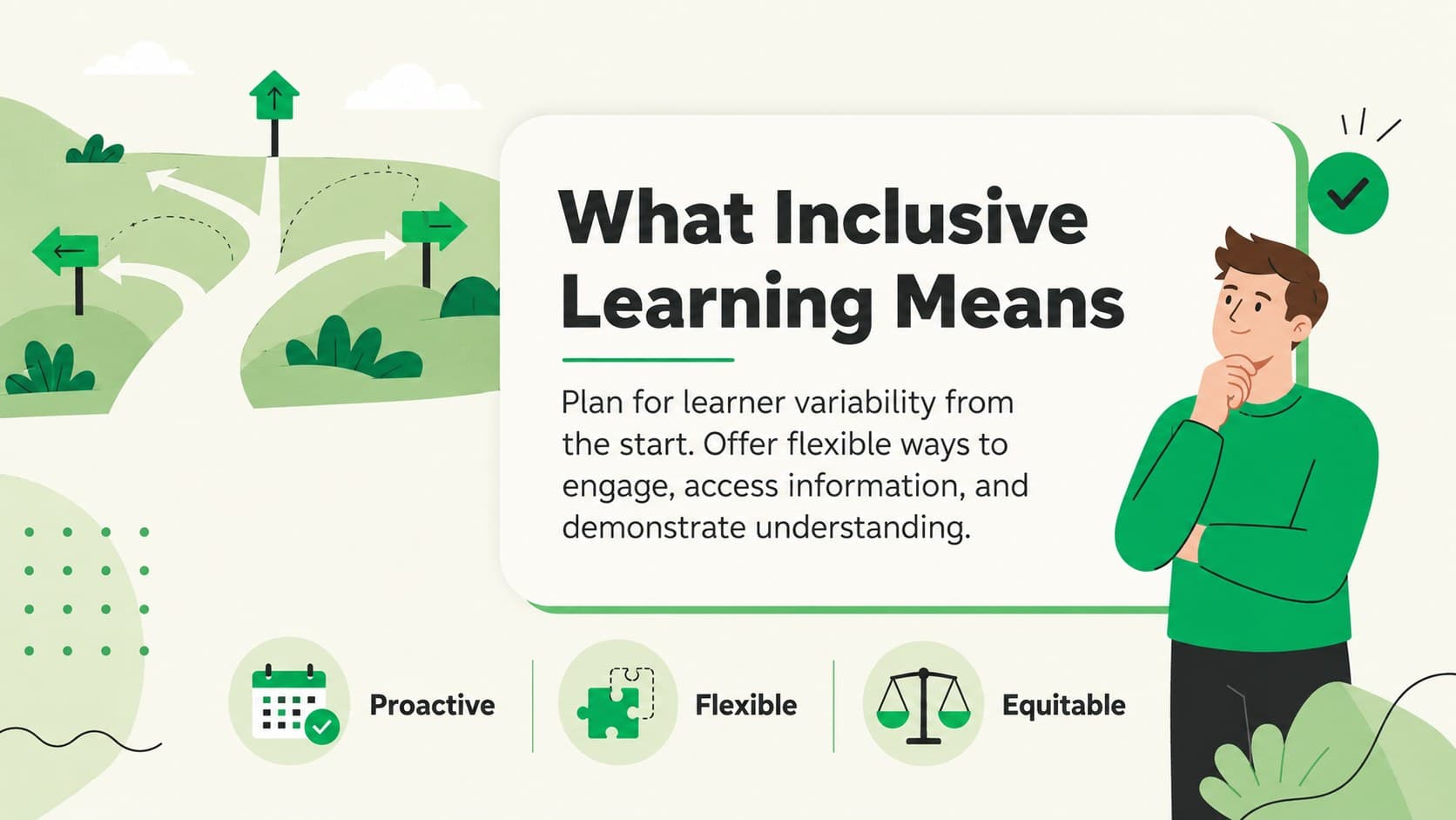 Universal Design for Learning overview slide explaining proactive support for learner variability.