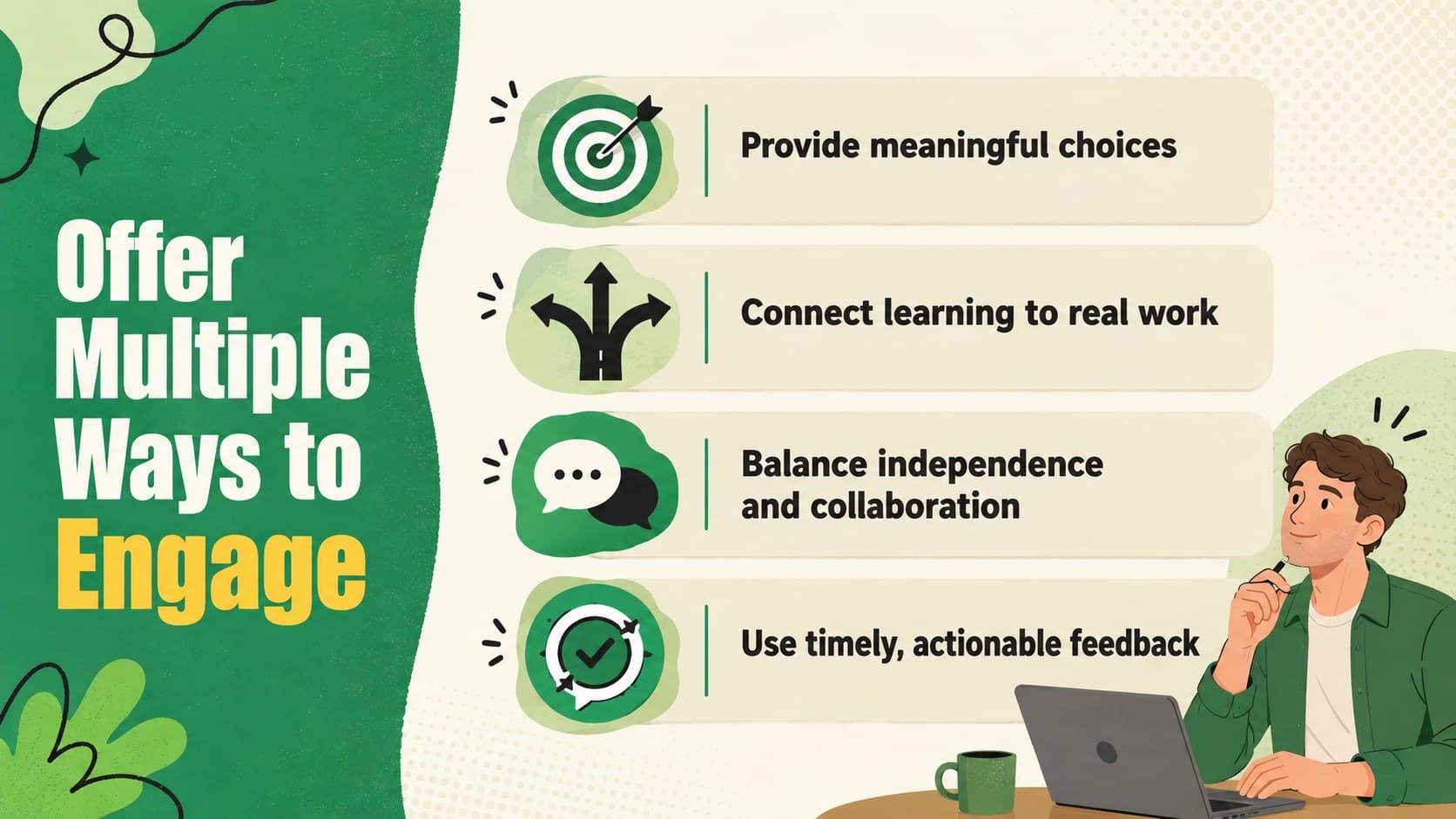Multiple means of engagement slide describing choice, relevance, collaboration, and feedback.