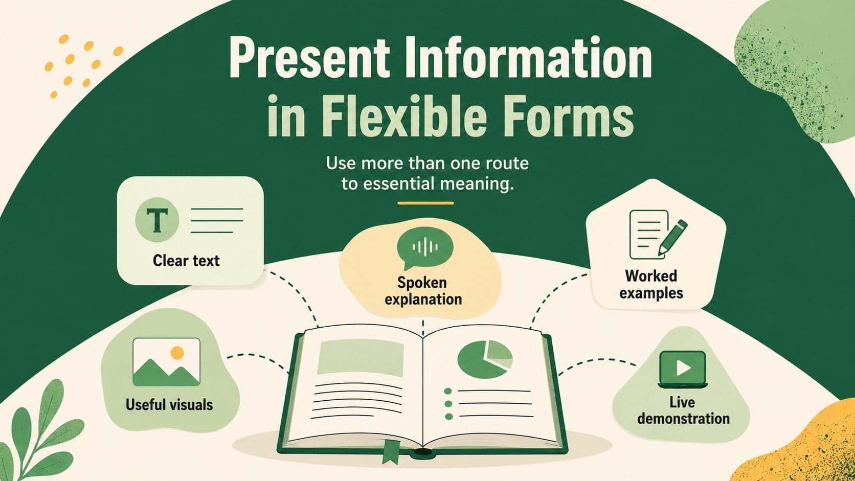 Multiple means of representation slide comparing text, visuals, audio, examples, and demonstrations.