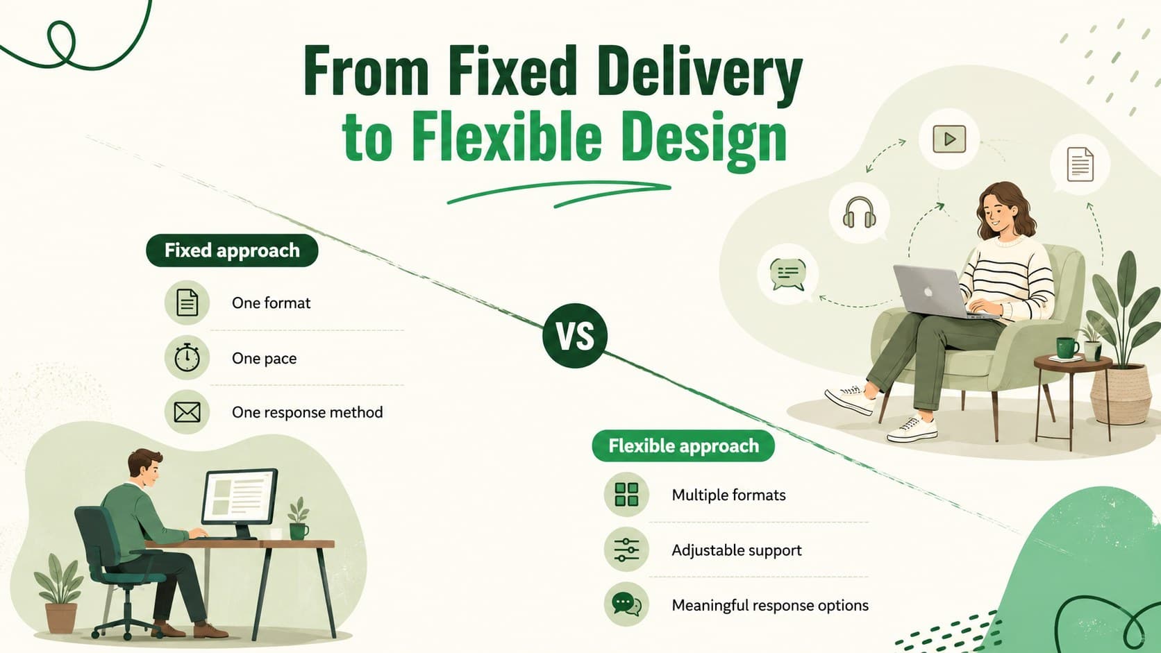 Inclusive learning strategy comparison slide contrasting fixed training with flexible learning design.