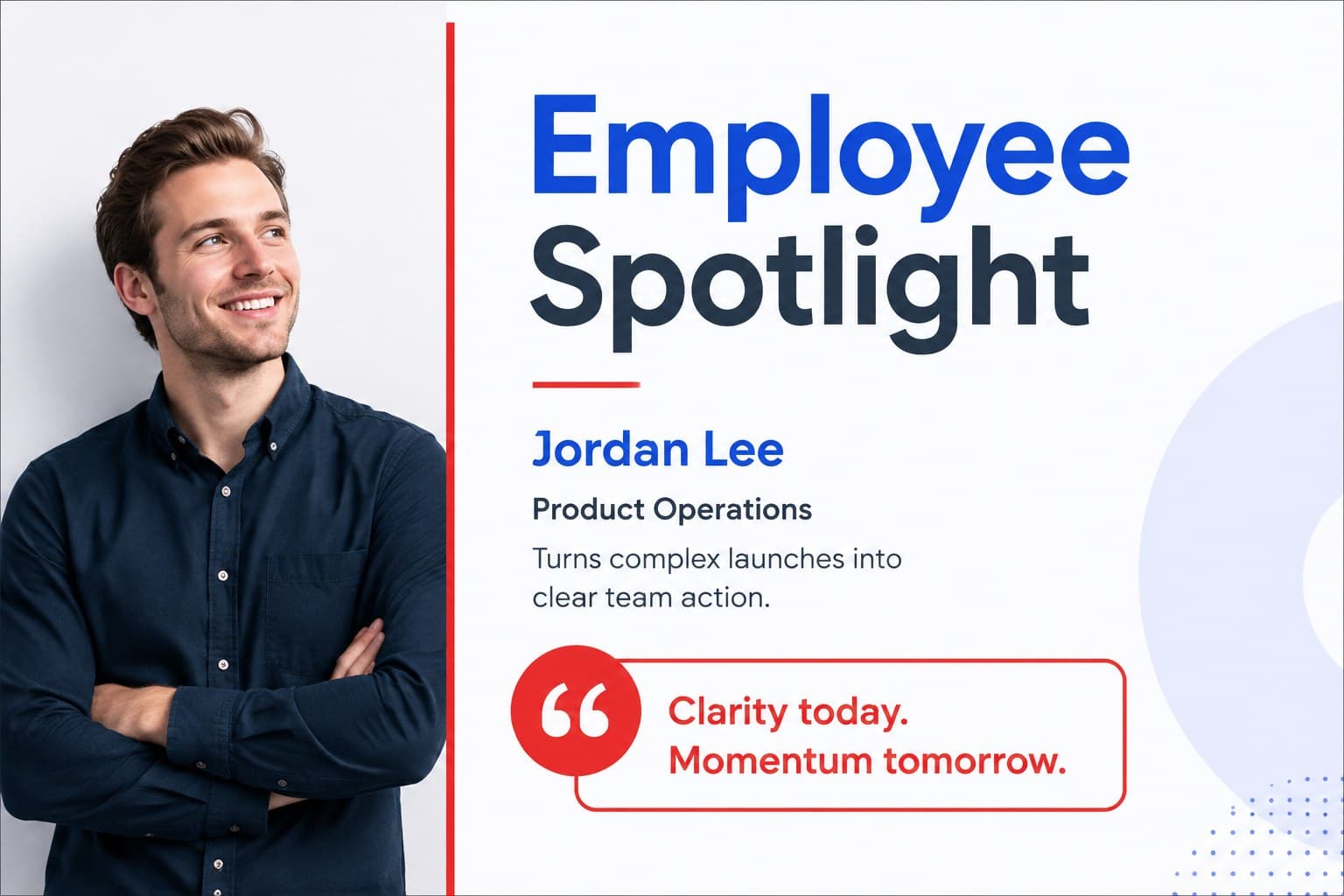 Employee spotlight slide with a portrait, role label, and concise professional profile.