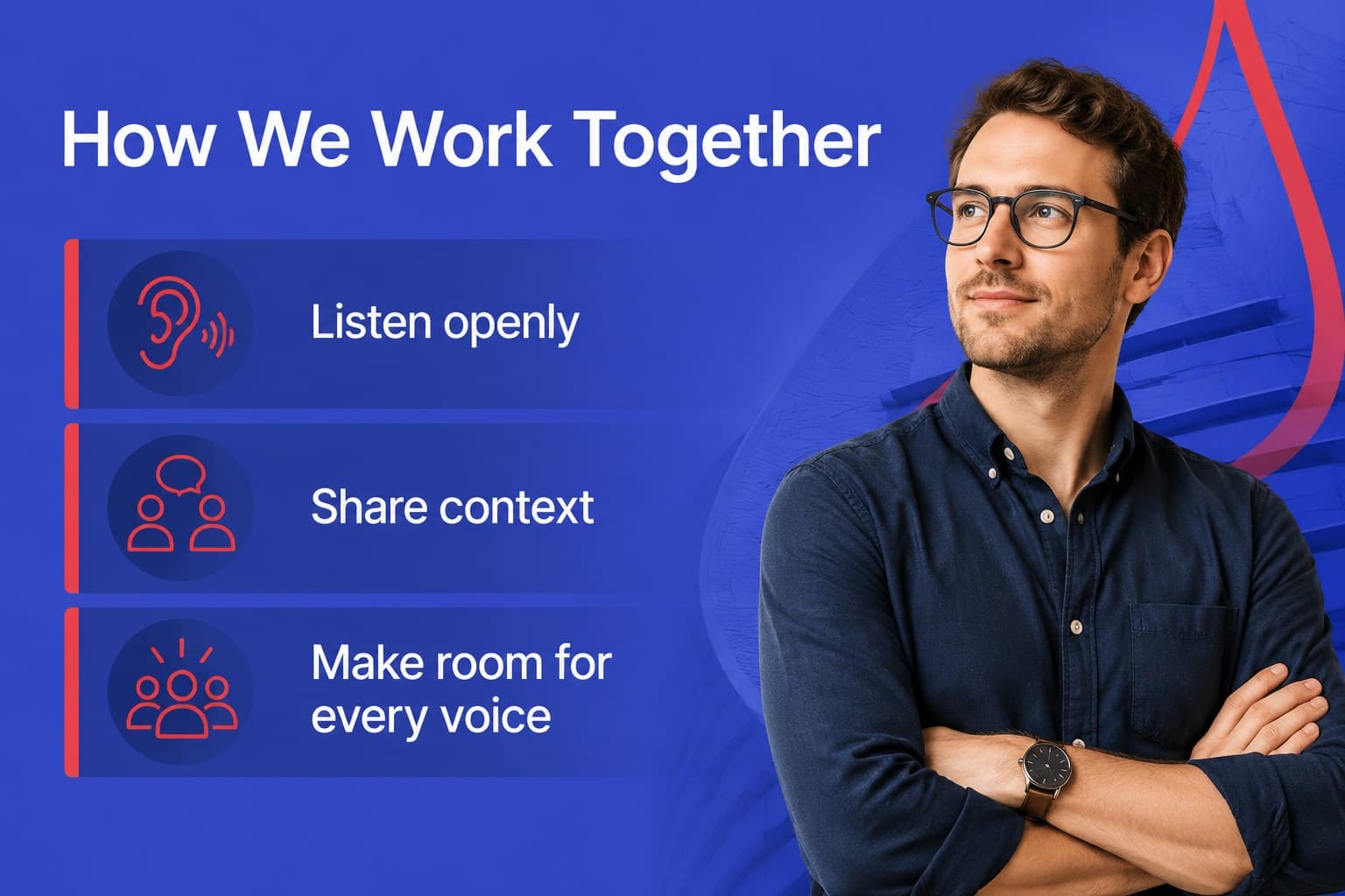 Workplace culture slide presenting three principles with simple icons and red highlights.