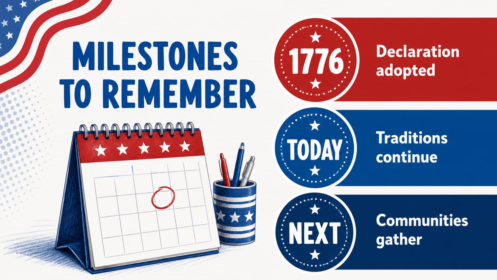Key dates slide presenting an Independence Day historical timeline.