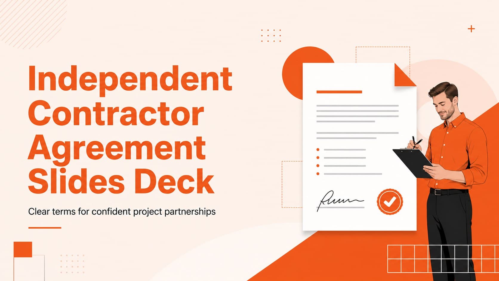 Orange cover slide presenting an independent contractor agreement slides deck for freelancers and business clients.
