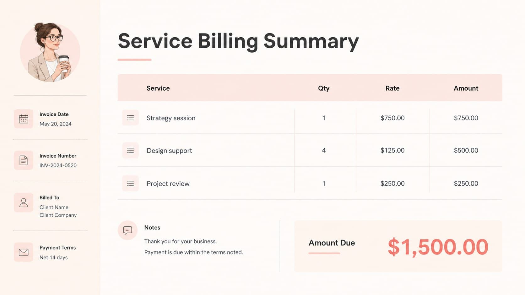 Editable billing statement slide showing services, rates, quantities, and totals in a neutral pink layout.