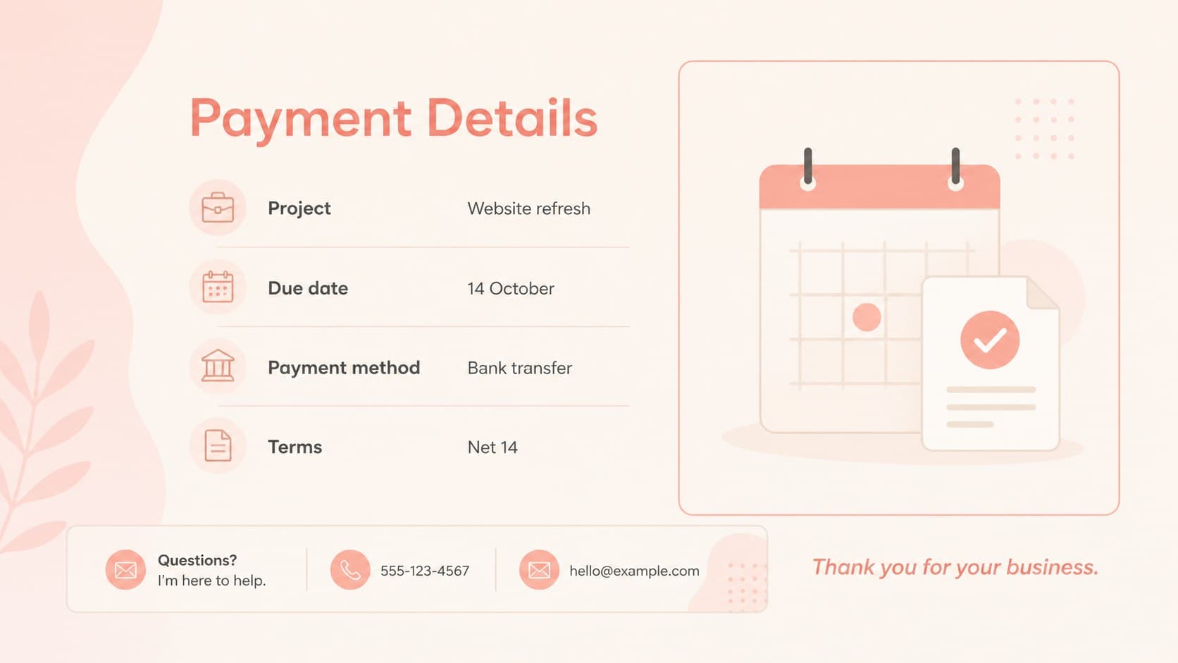 Client payment terms slide with project details, due date, contact information, and a highlighted amount due.