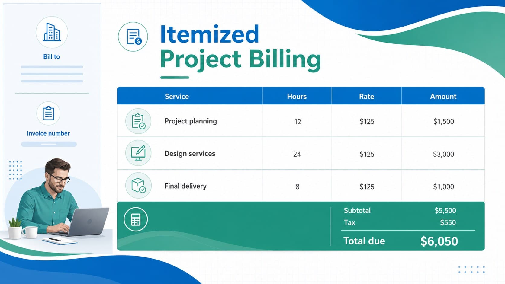 Itemized project billing slide with contractor services, rates, fees, and a clearly highlighted total.