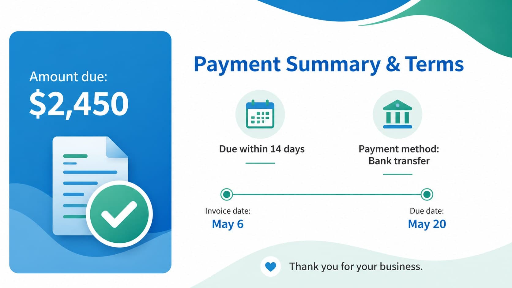 Contractor payment request layout showing the amount due, payment terms, due date, and contact details.