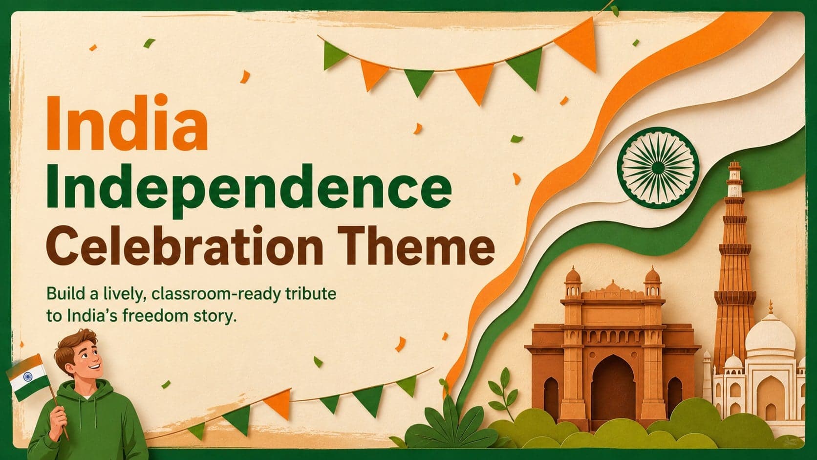 Cover for an India Independence celebration theme with orange, green, and brown heritage illustrations.