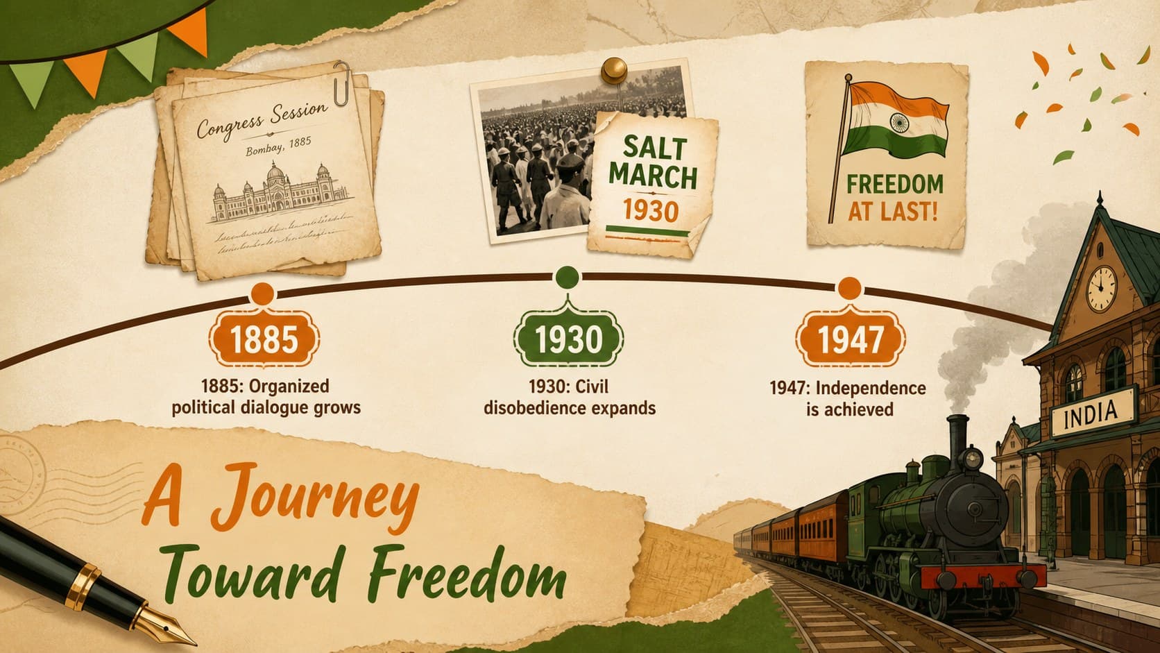 Indian freedom movement lesson template slide with a three-point historical timeline.