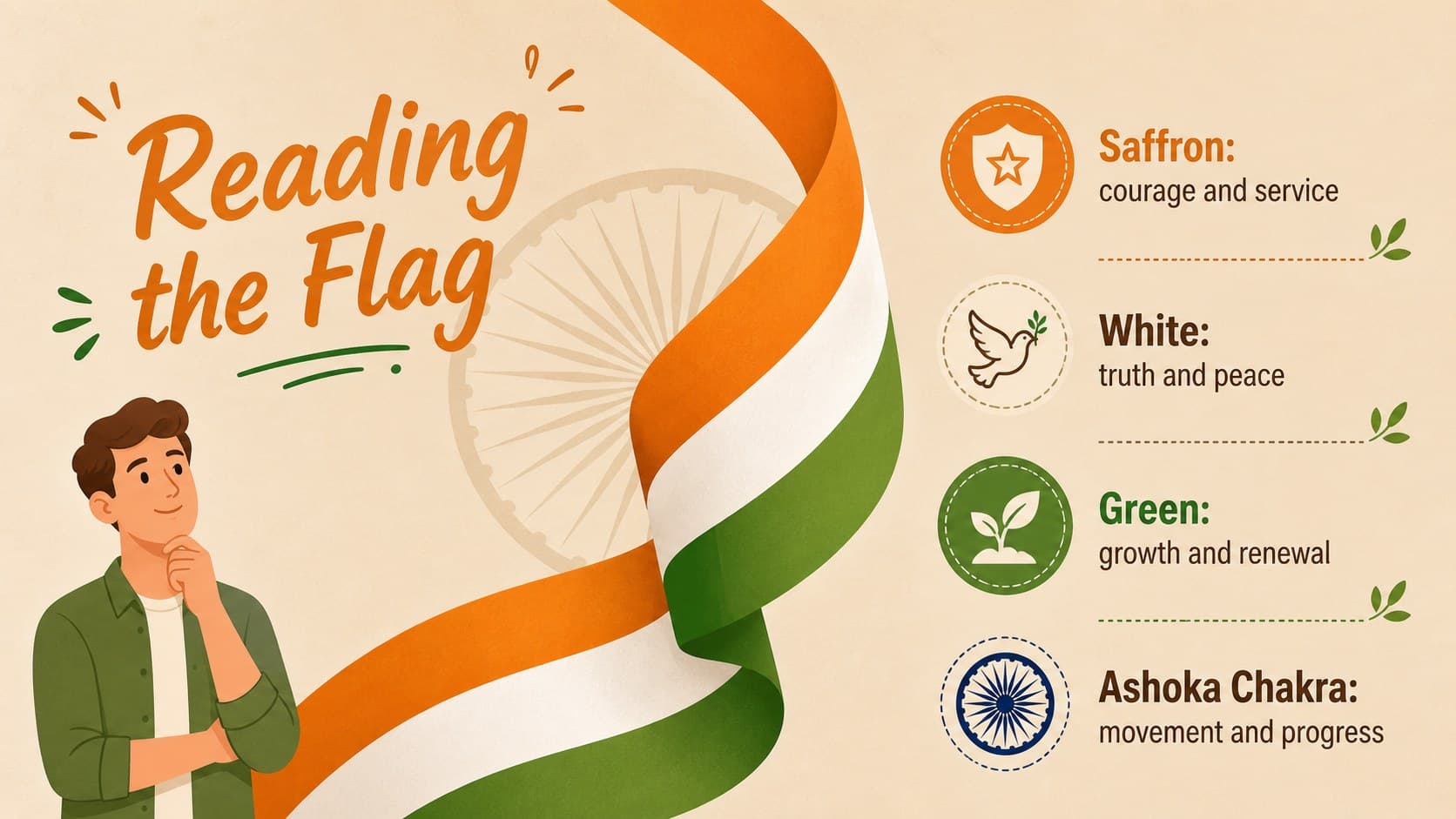 August 15 history presentation slide interpreting the colors and wheel of India's national flag.