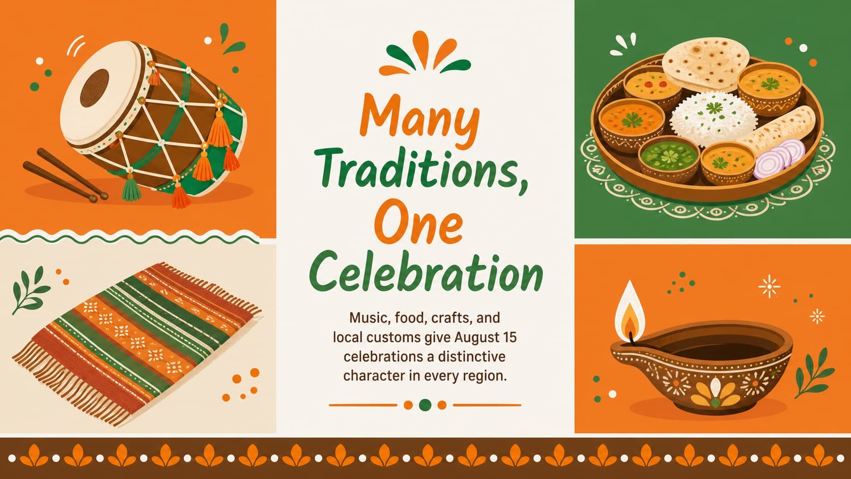 Cultural celebration slide highlighting music, food, crafts, and regional traditions across India.