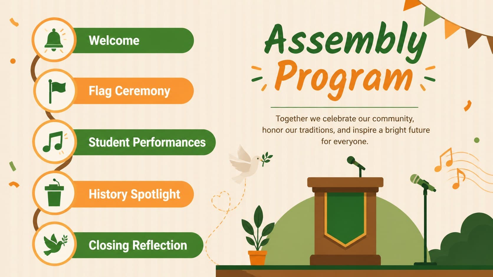 India Independence celebration theme slide outlining a school assembly program.