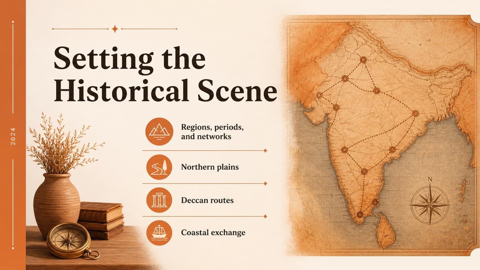 Historical context slide introducing regions and periods for an ancient India research presentation.