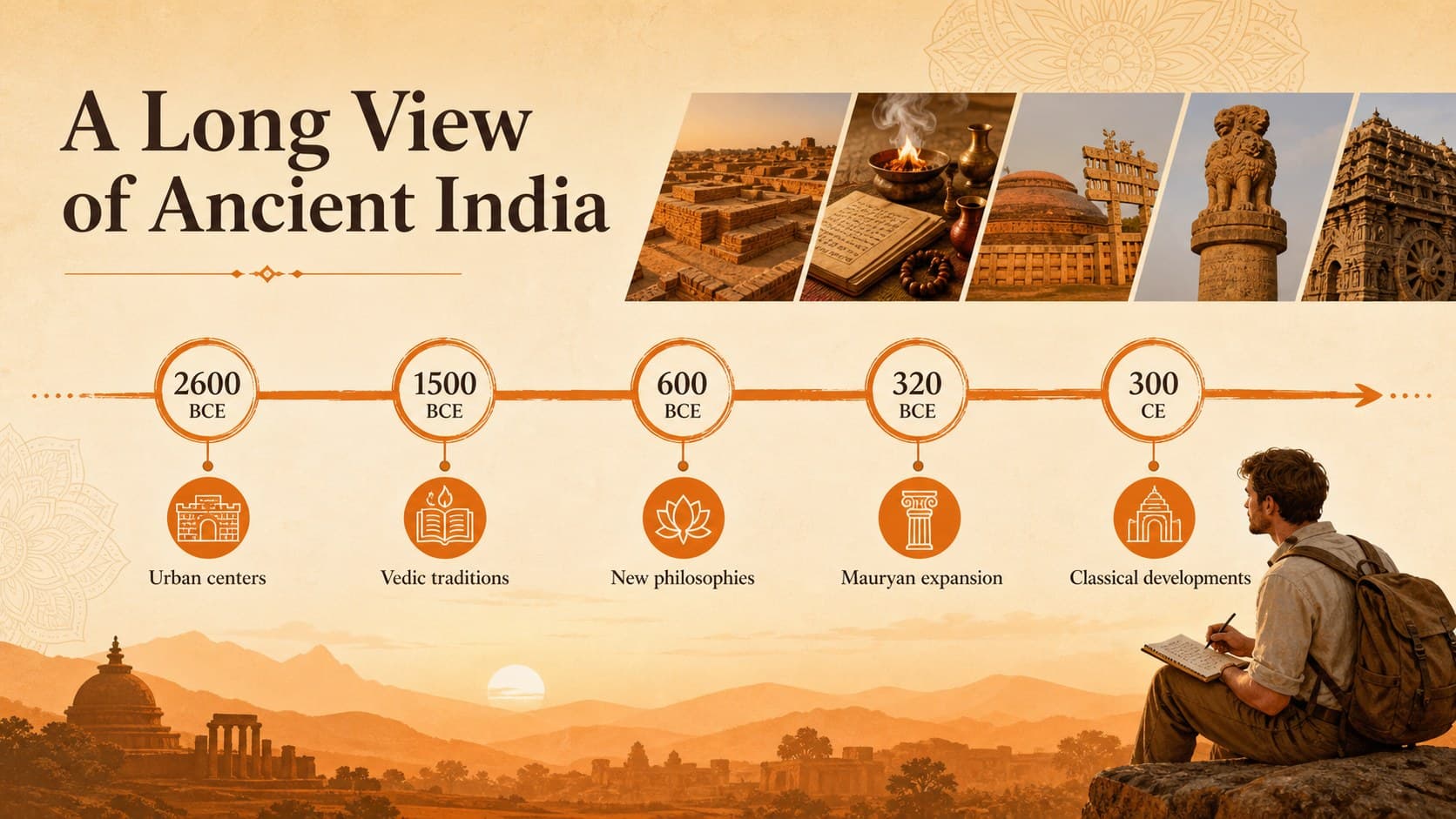 Ancient India timeline slide mapping major periods across an orange academic layout.