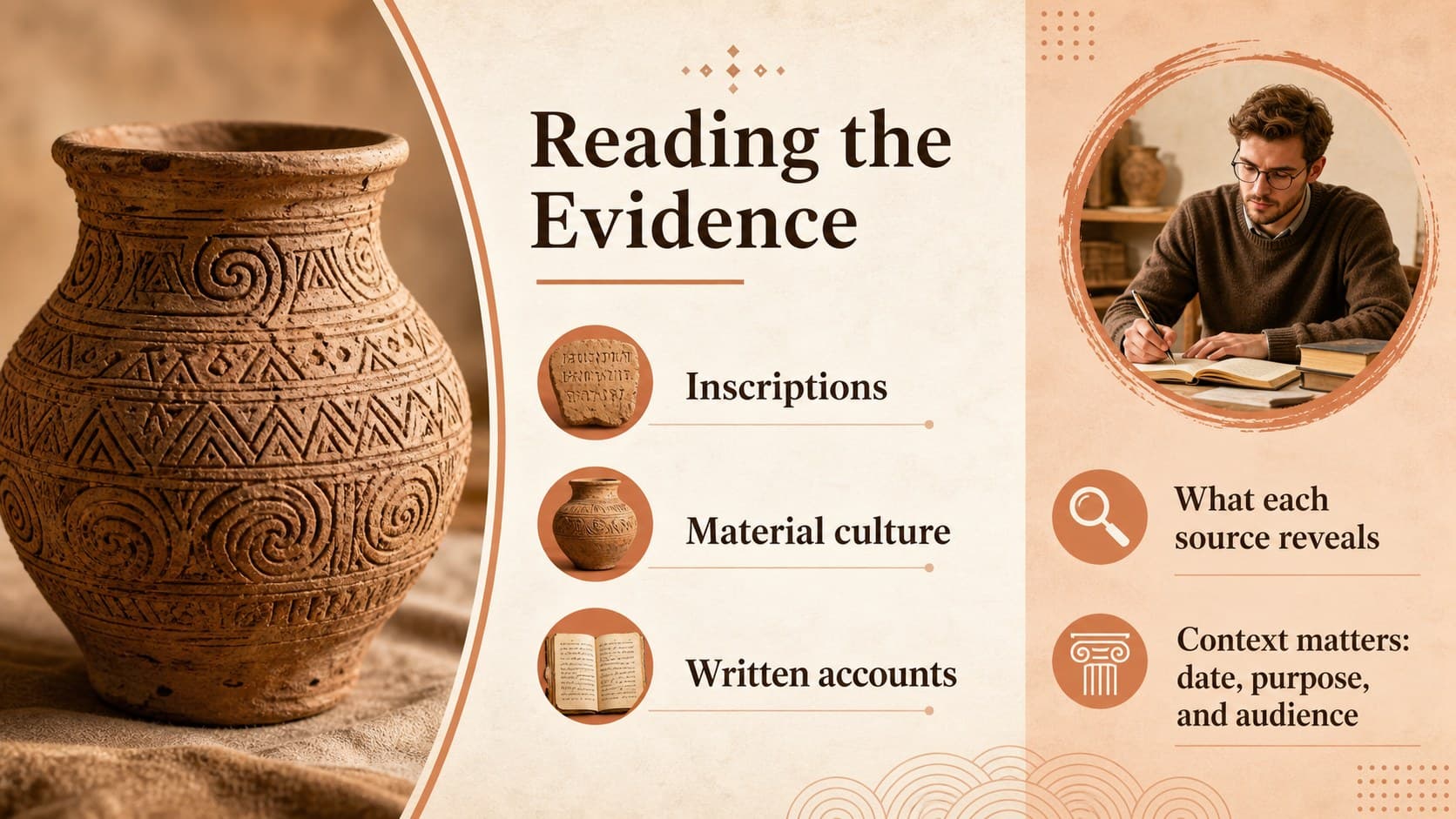 Source analysis slide comparing inscriptions, artifacts, and written records in an India history presentation.