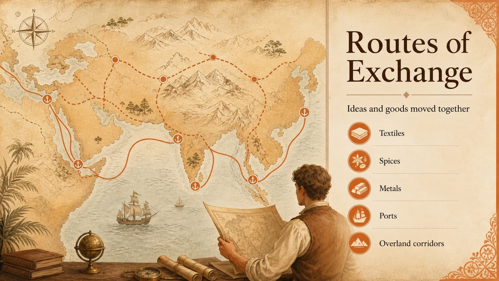 Trade network slide visualizing routes, goods, and cultural exchange across ancient India.