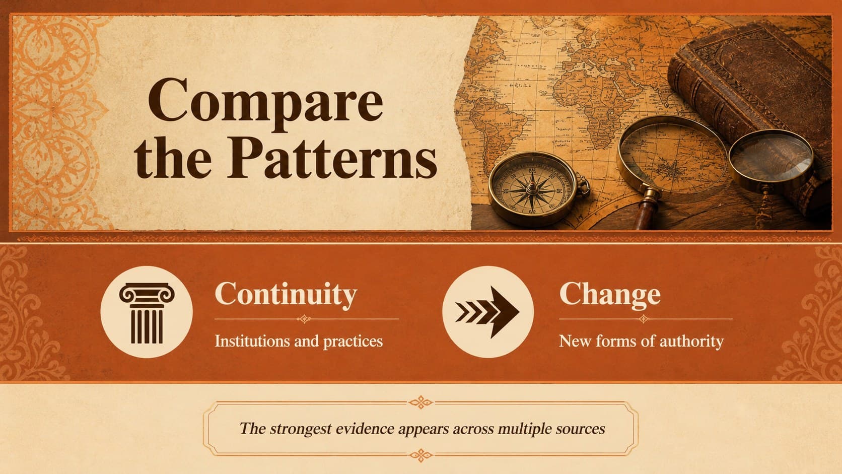 Comparative analysis slide contrasting two historical developments in an ancient India deck.