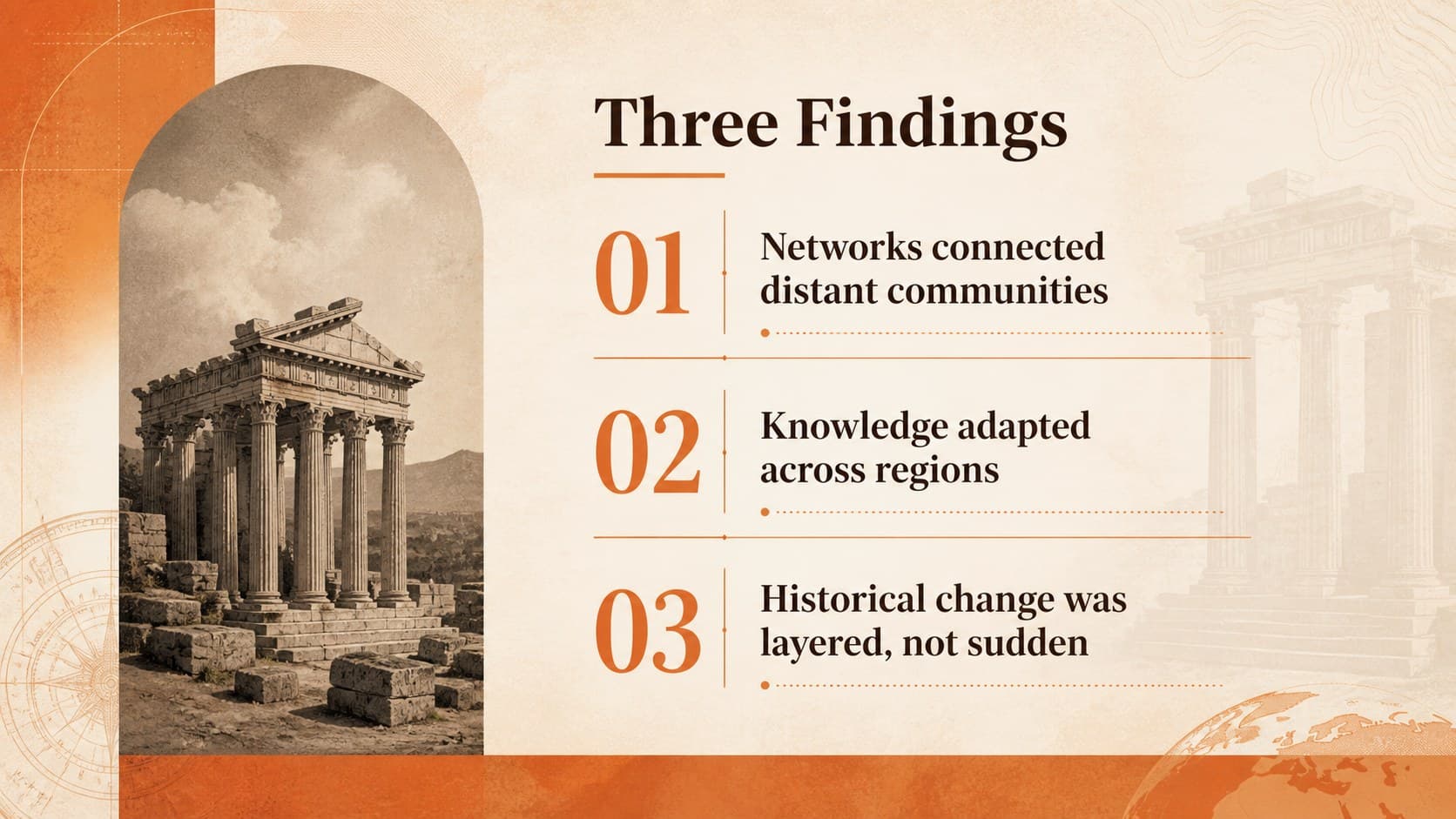 Key findings slide presenting three evidence-based conclusions from ancient Indian history research.