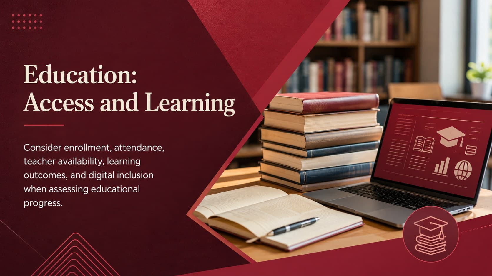 Indian education overview slide showing access, learning quality, and digital inclusion.