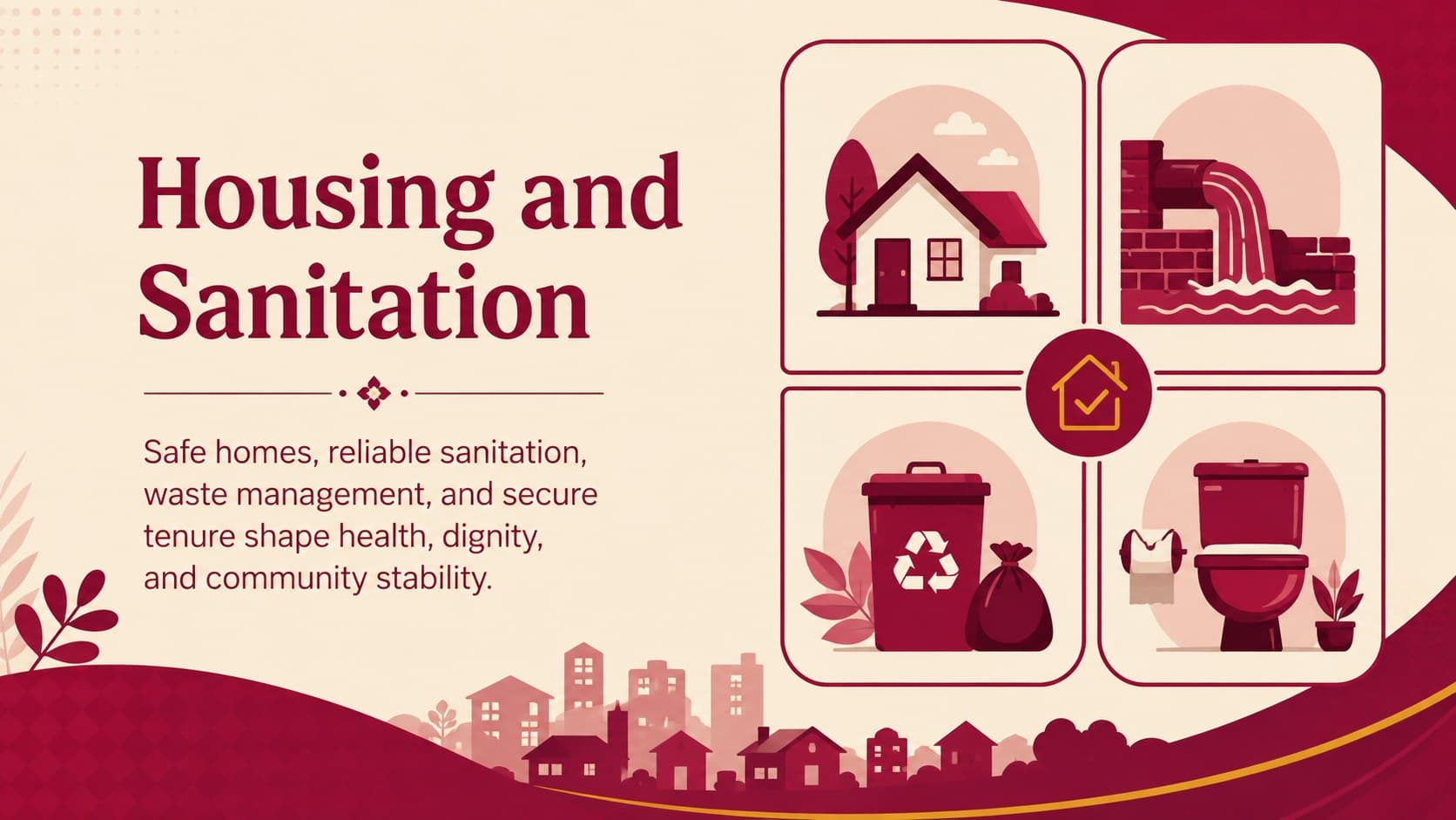 Housing and sanitation lesson slide examining safe homes and essential community services.