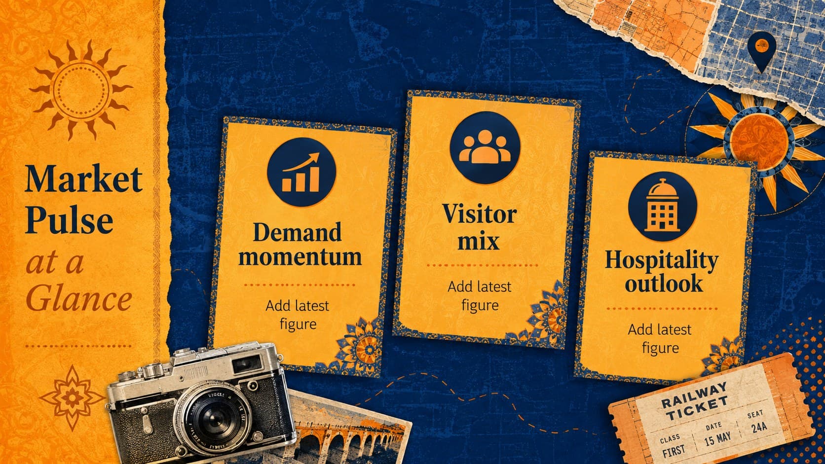 Executive overview slide summarizing India tourism market insights with three editable indicators.