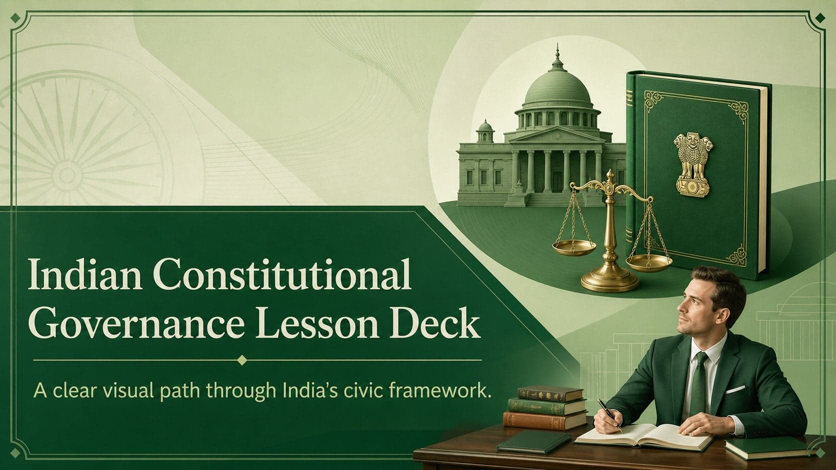 Cover for an Indian constitutional governance lesson deck with classic green academic styling and civic symbols.
