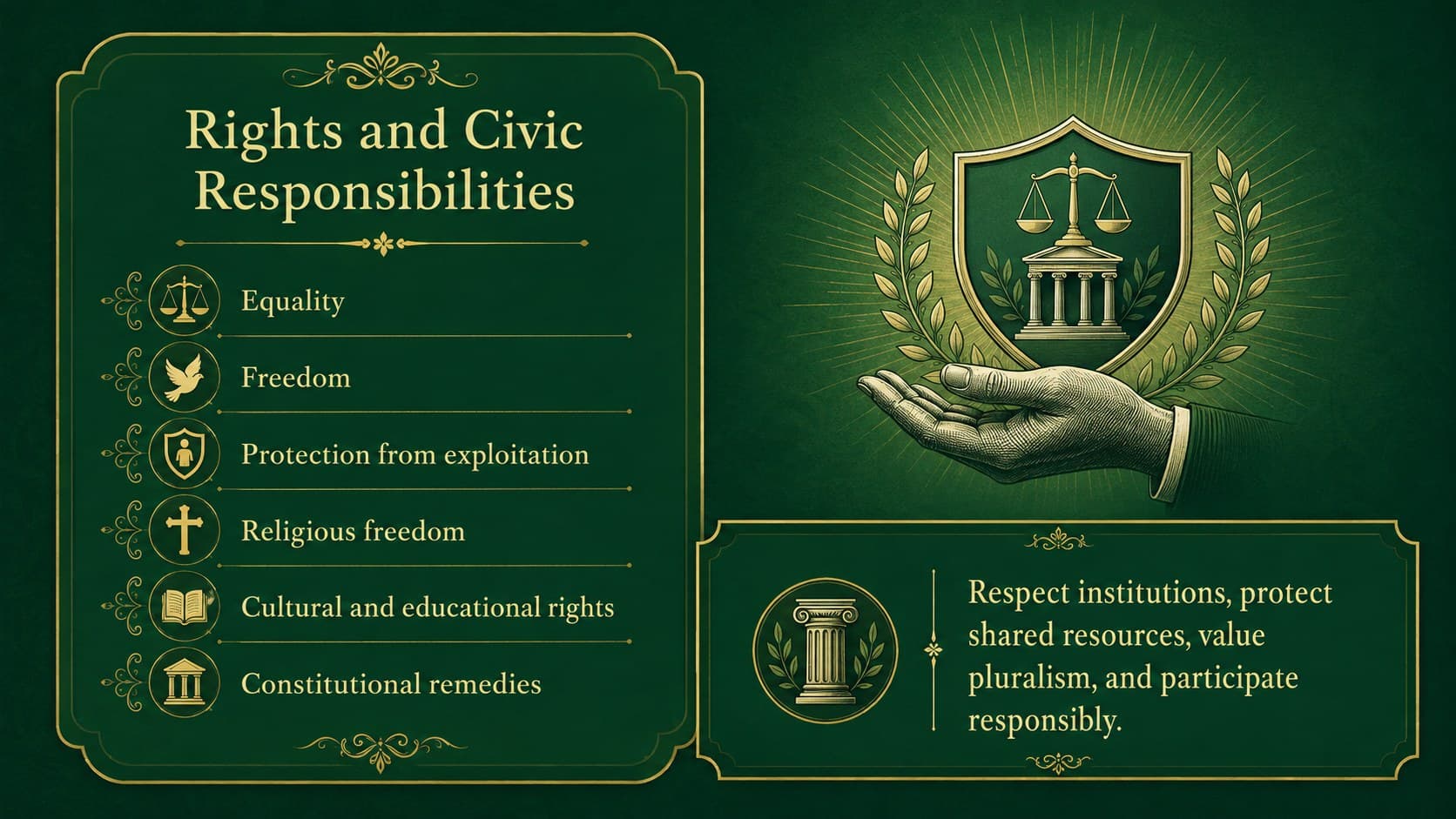 Fundamental rights and duties presentation slide pairing constitutional freedoms with civic responsibilities.