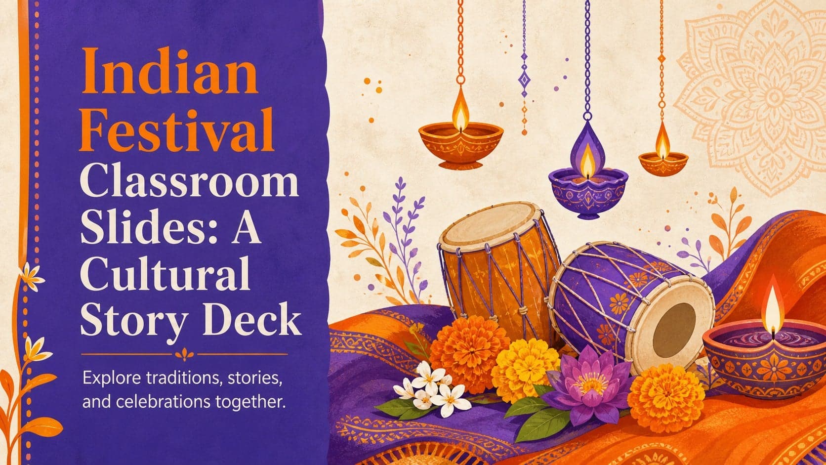 Cover slide for Indian festival classroom slides with a colorful illustrated celebration scene in orange and purple.