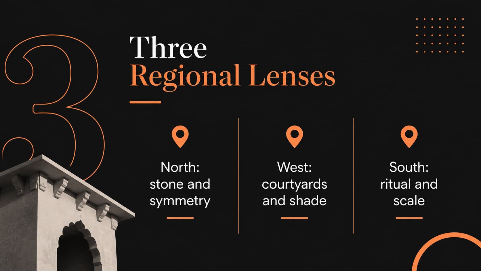 Regional comparison slide mapping climate, materials, and architectural identity across Indian landmarks.