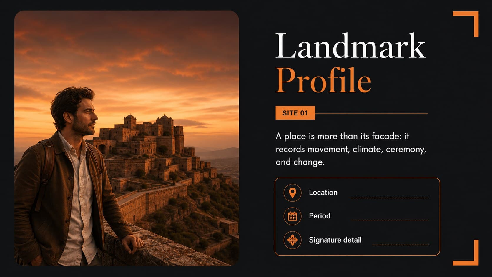 Landmark profile slide presenting a historic Indian structure with space for location and key facts.