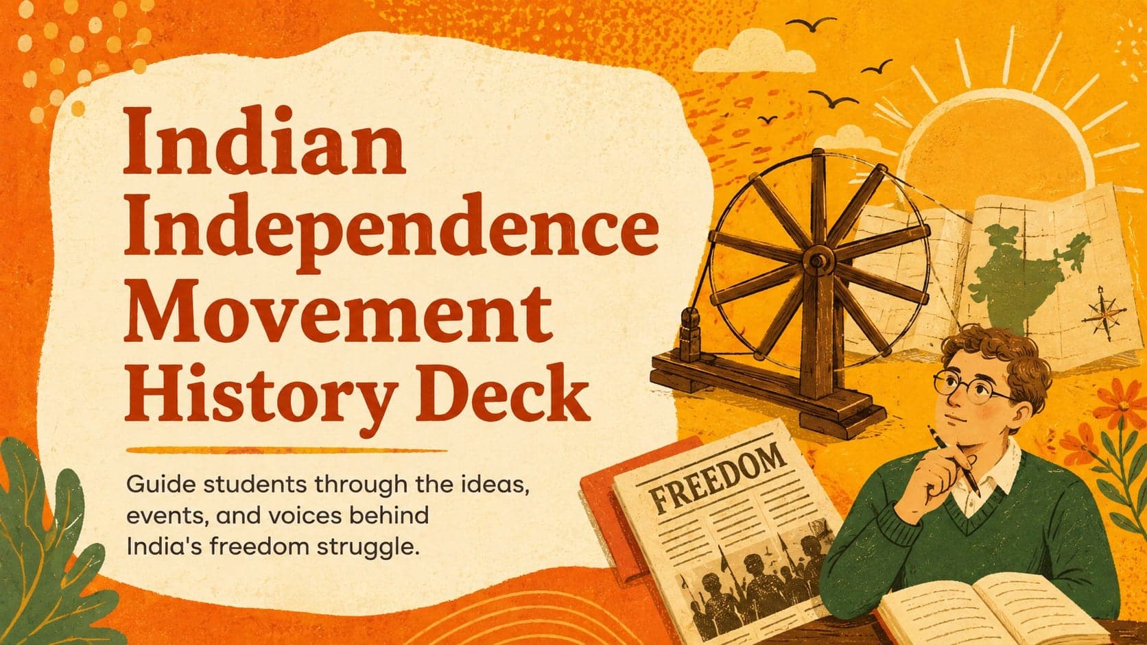 Cover of the Indian independence movement history deck with orange illustrated motifs and a classroom-focused subtitle.