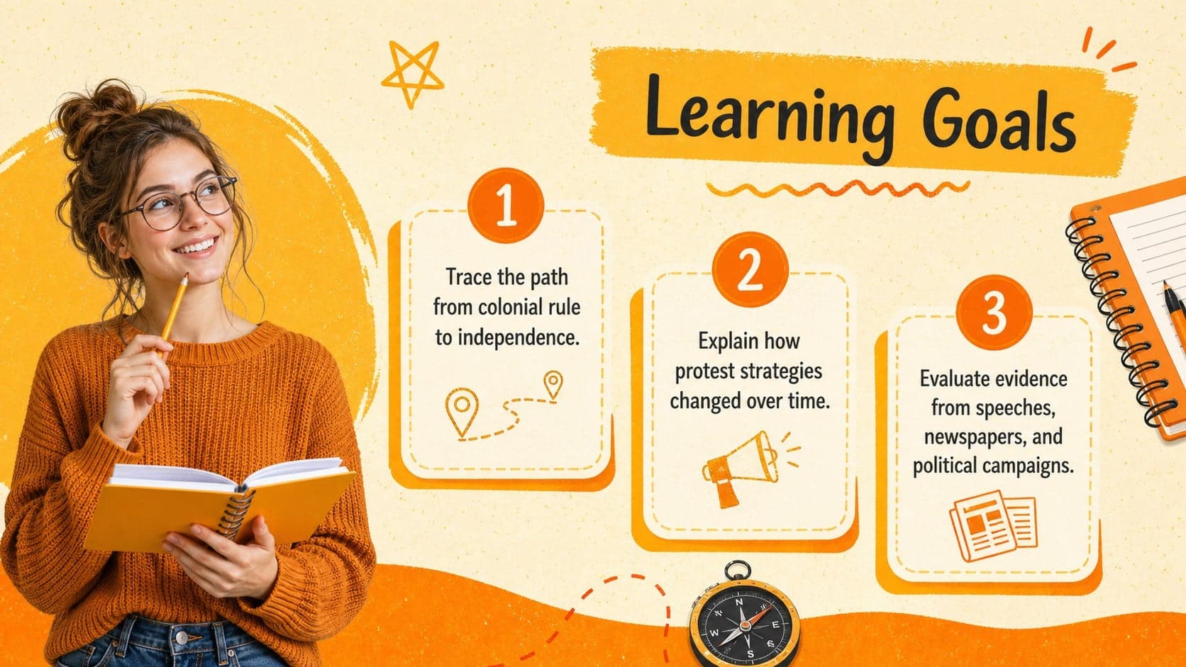 Indian freedom struggle lesson overview featuring objectives for chronology, evidence, and historical interpretation.