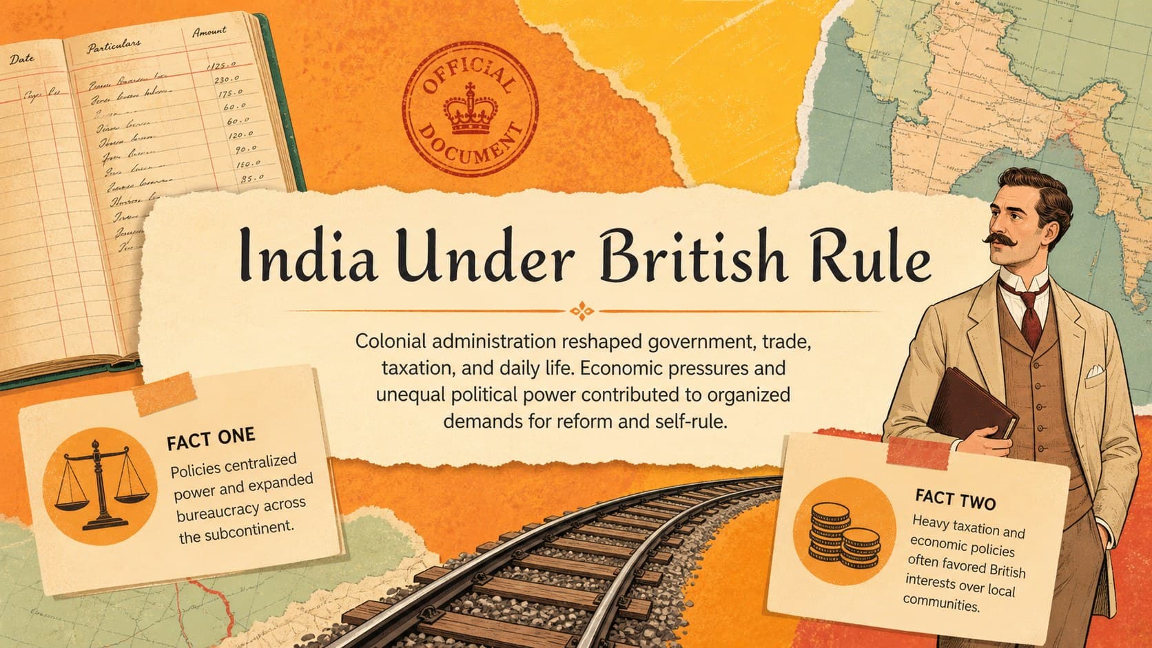 British Raj history lesson slide explaining colonial government, economic control, and emerging political resistance.