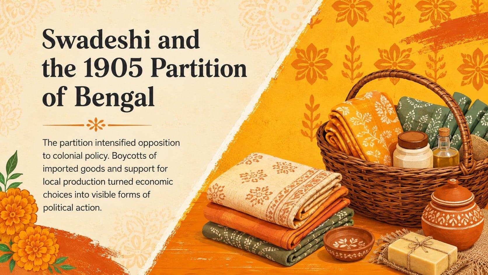 Swadeshi movement teaching deck page illustrating boycotts, local production, and public participation.