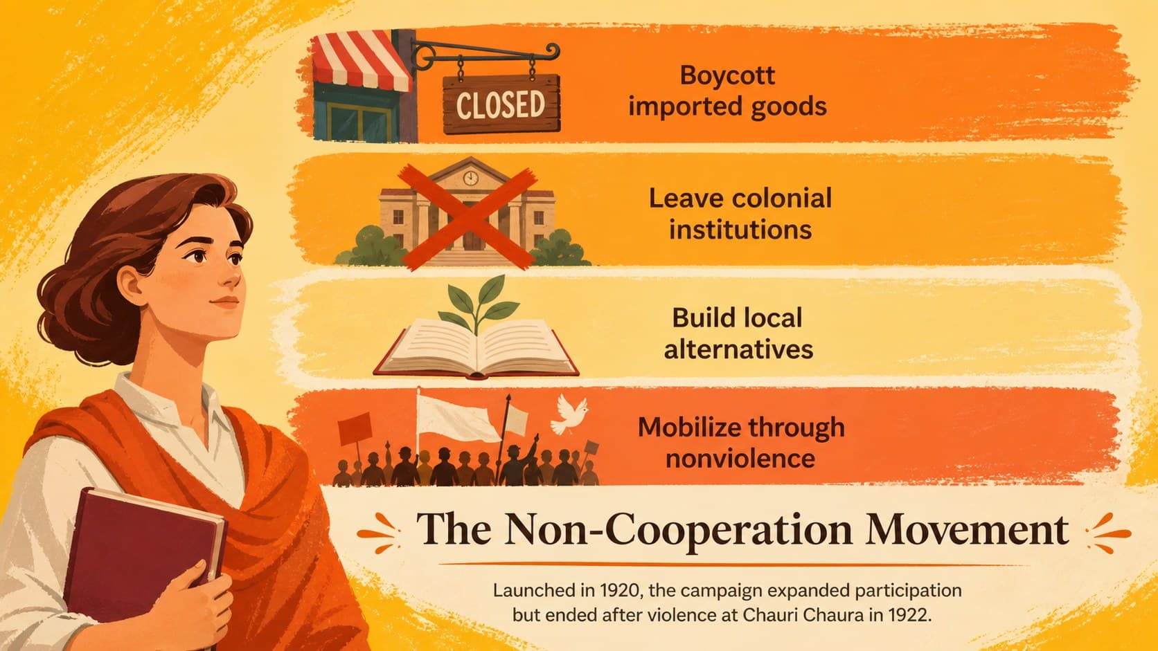 Non-cooperation movement presentation slide summarizing boycott, resignation, and peaceful mobilization strategies.