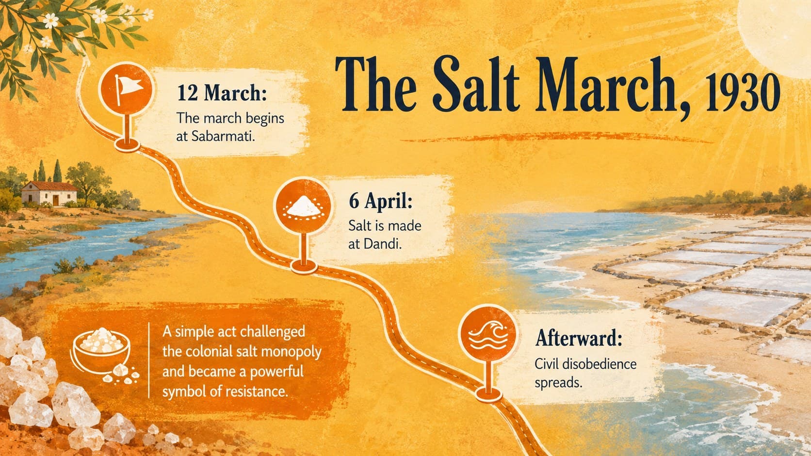 Salt March classroom timeline showing the 1930 march, salt law protest, and spread of civil disobedience.
