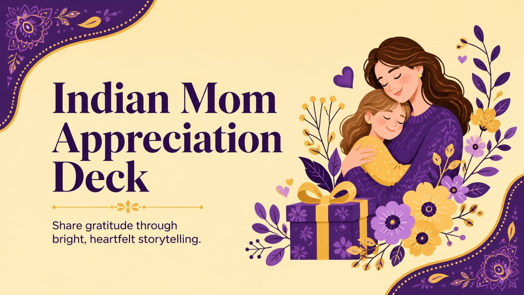 Cover of an Indian mom appreciation deck with cheerful violet and yellow floral illustrations.