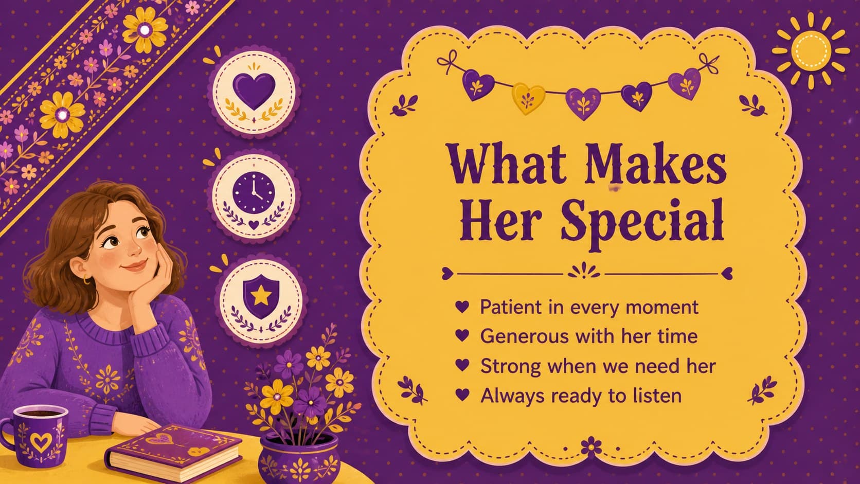 Illustrated family tribute slide listing the qualities that make a mother special.