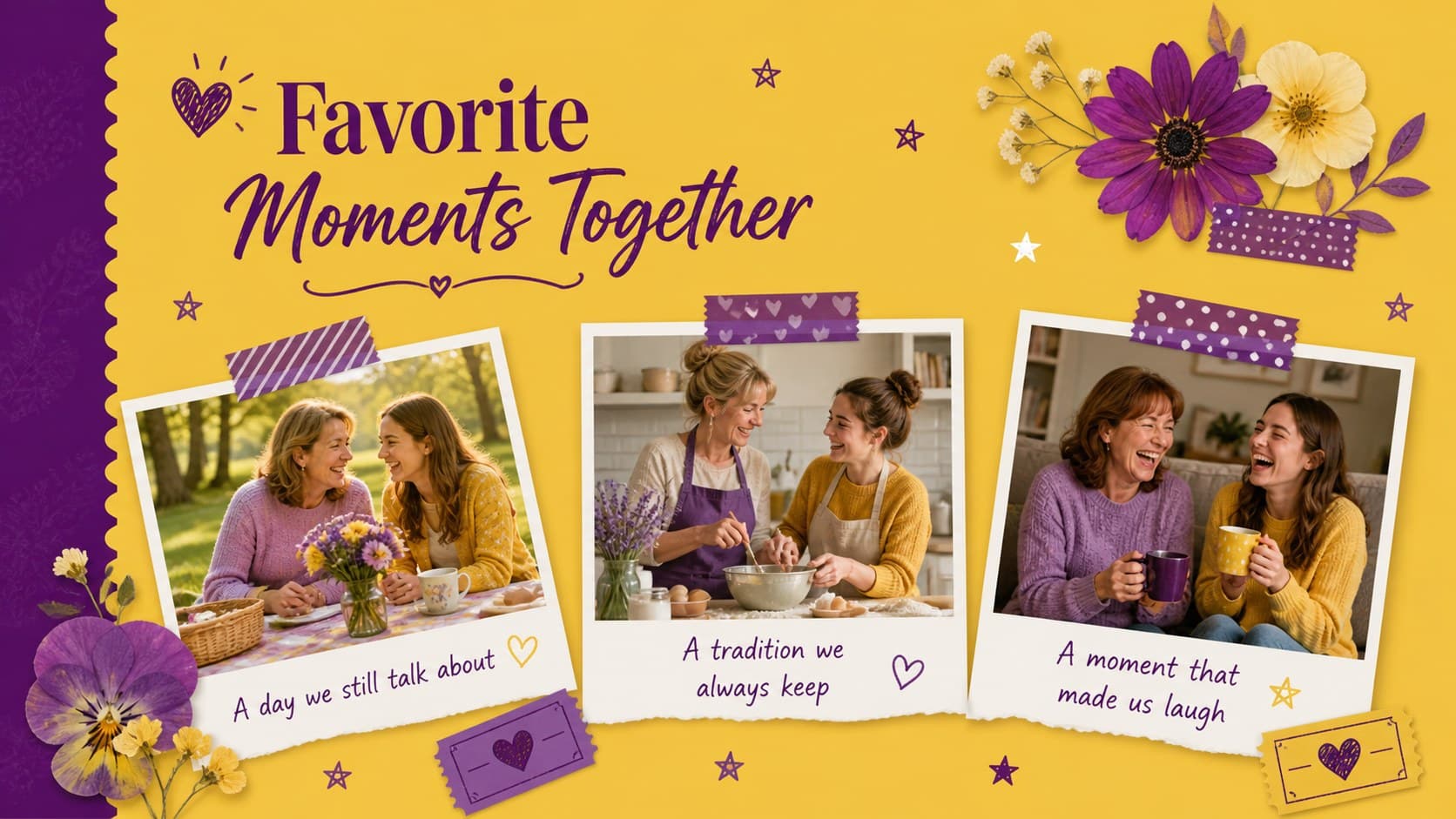 Violet and yellow Mother's Day slide displaying three favorite family memories.