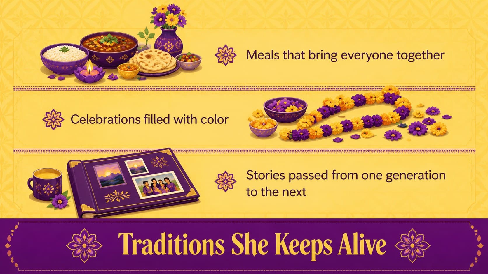 Indian Mother's Day presentation slide highlighting three meaningful family traditions.
