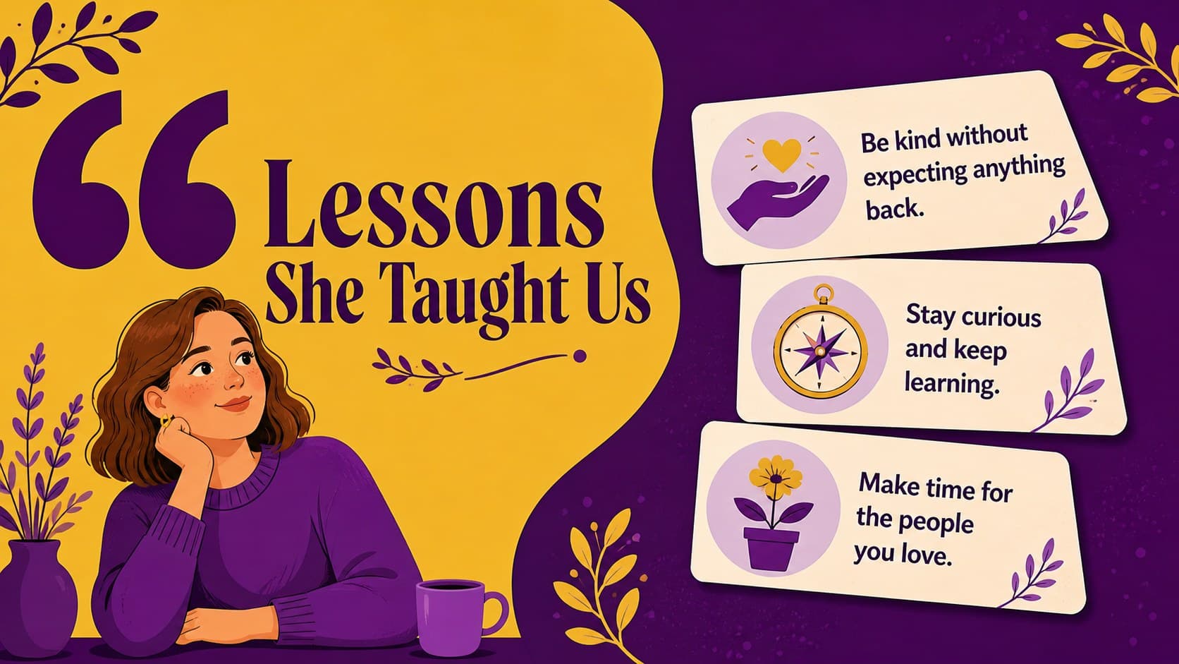 Illustrated Mother's Day lesson slide with three pieces of advice from mom.