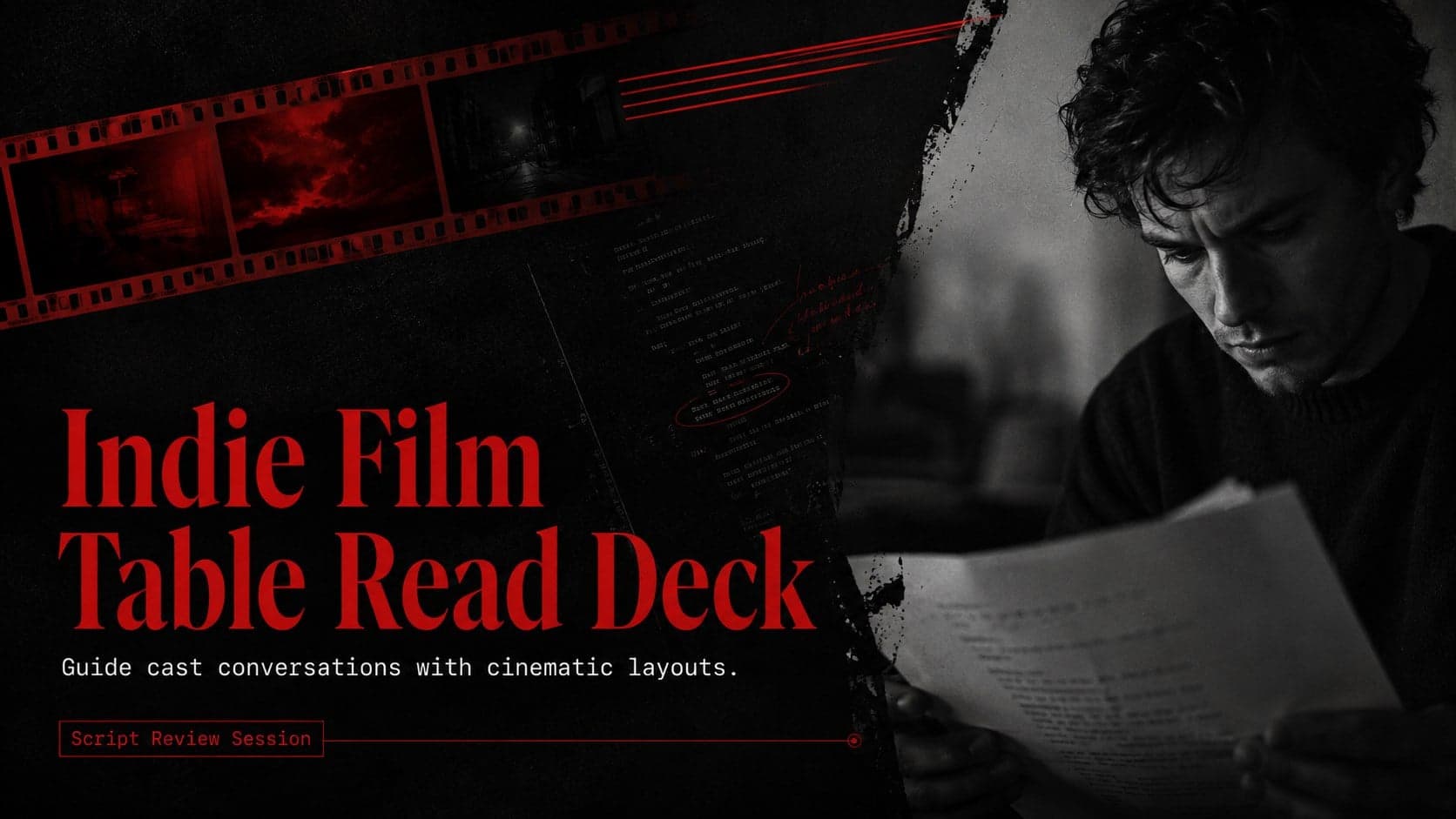 Cover of the Indie Film Table Read Deck with bold red typography and cinematic rehearsal photography.