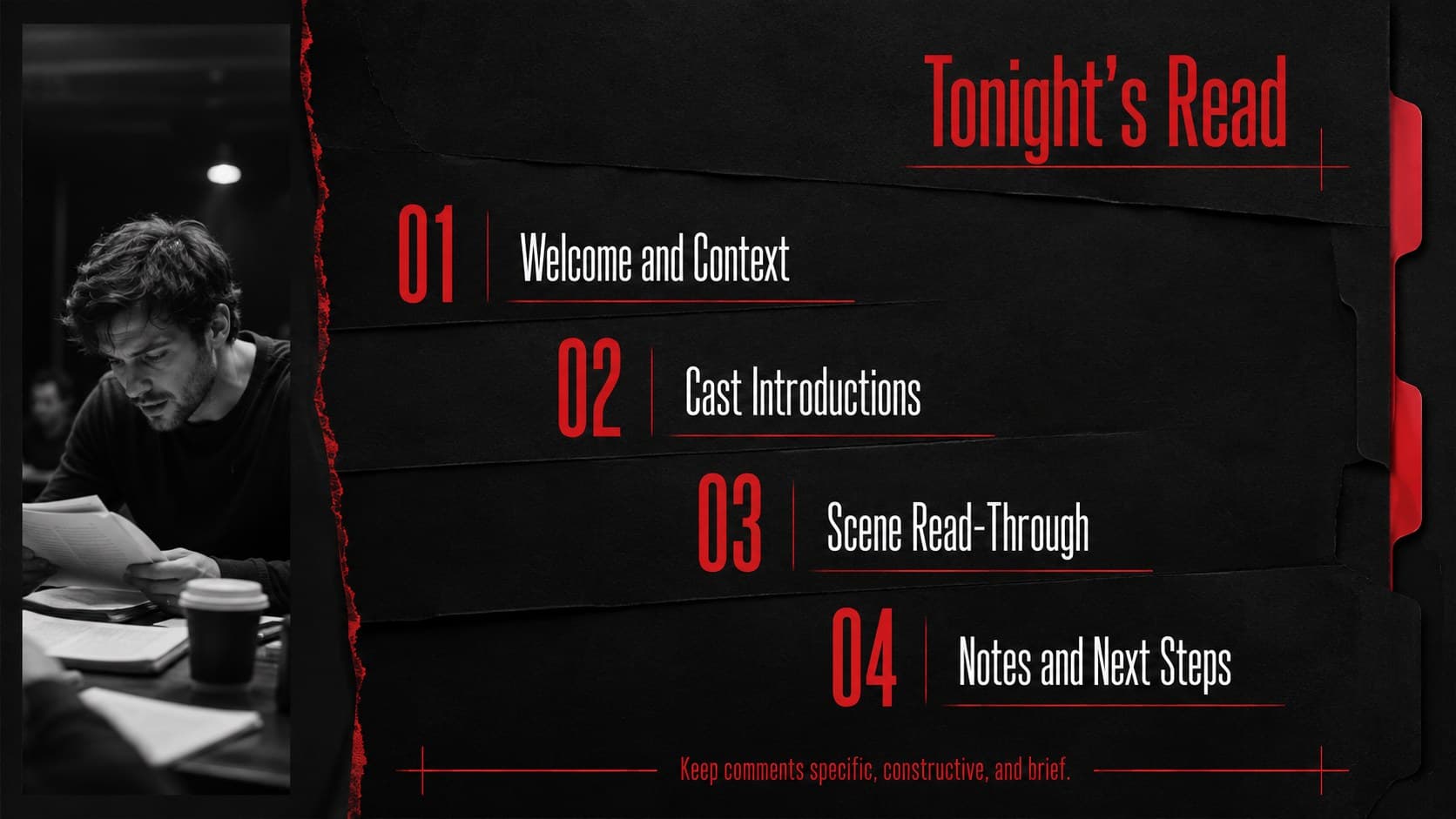 Cast table read agenda slide outlining the opening, scene reading, feedback, and next steps.