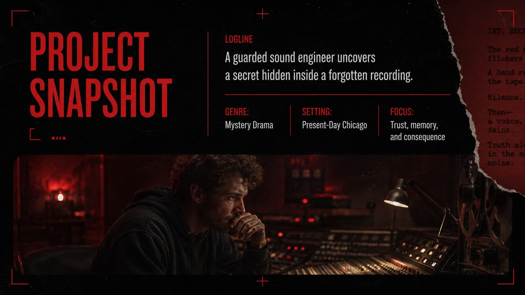 Indie film project overview slide showing the logline, genre, setting, and creative direction.