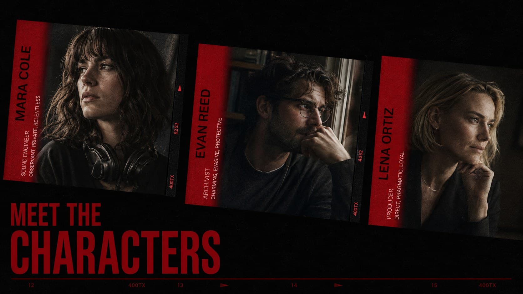 Screenplay cast introduction slide with original headshots and concise character descriptions.