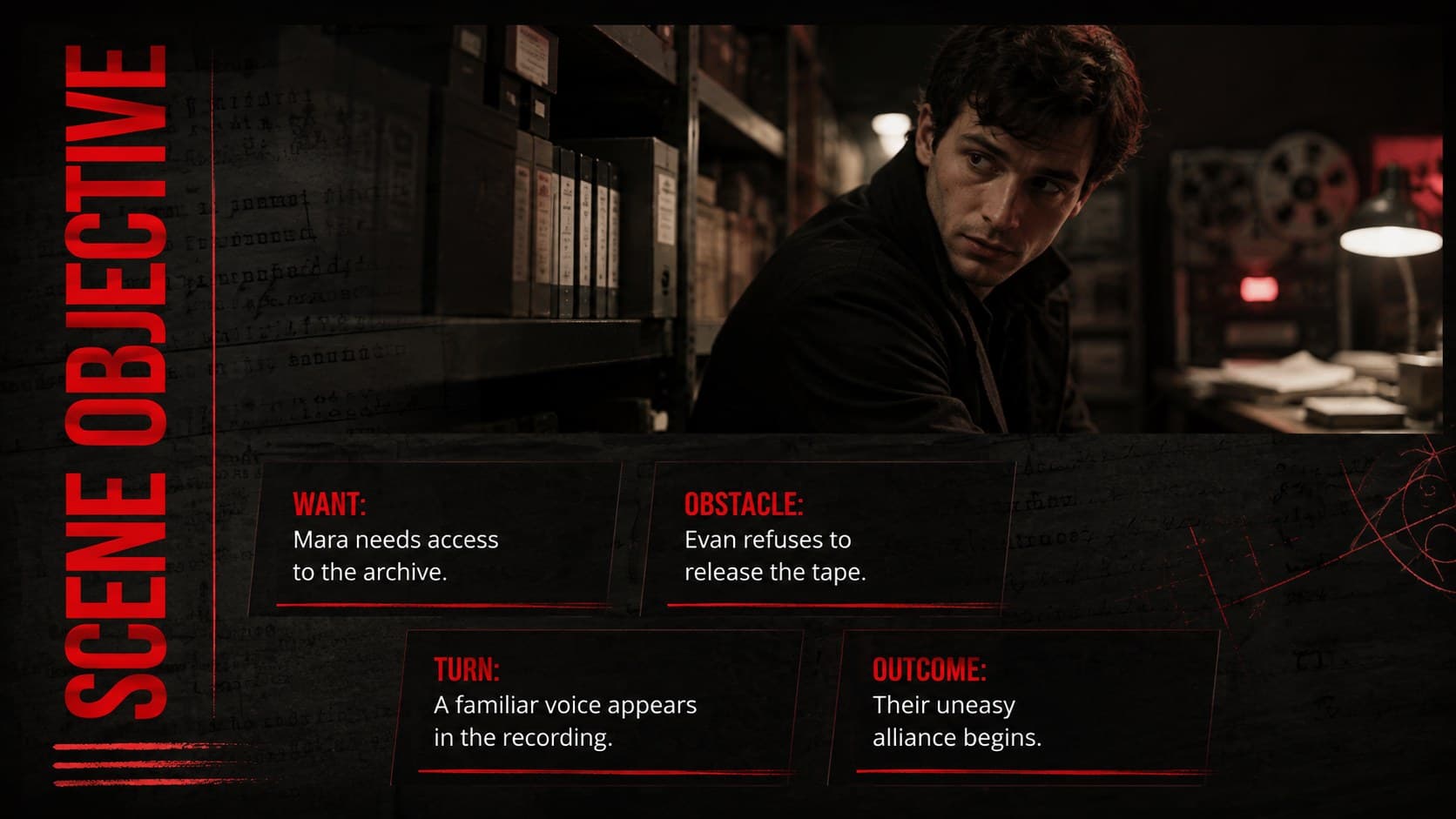 Director script review slide defining a scene objective, conflict, turning point, and outcome.